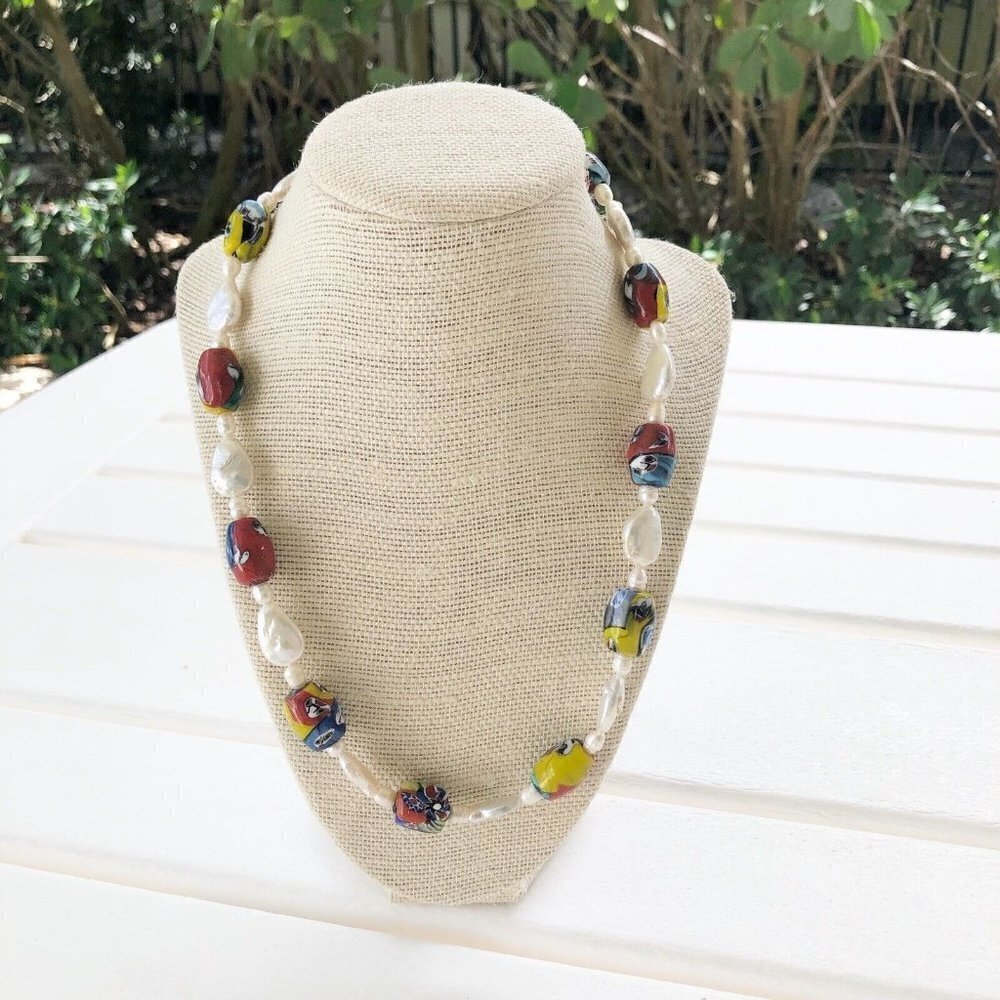 NWT Genuine Czech Lampwork Glass & Pearls Beaded Necklace Faces